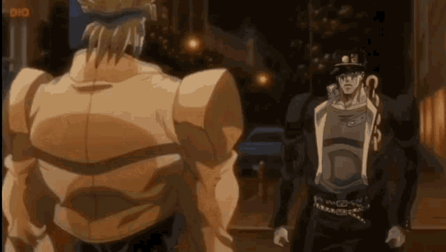 a couple of anime characters standing next to each other with the word ovo on the bottom left