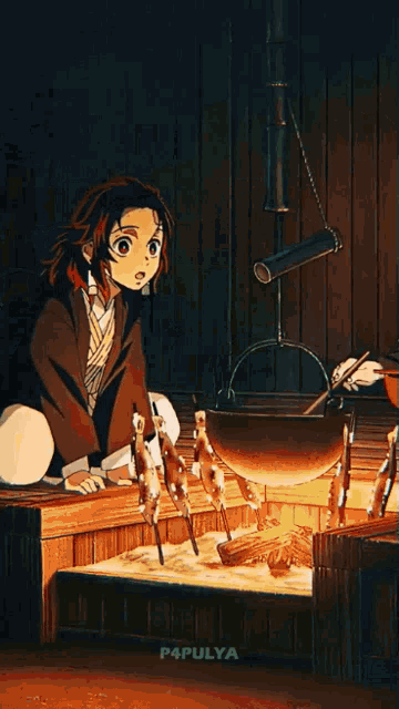 a cartoon of a girl standing in front of a fire with the name p4pulya on the bottom