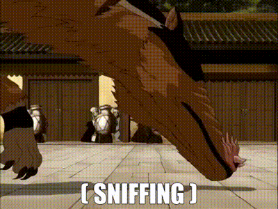 a cartoon of a dragon sniffing something while standing on a sidewalk .