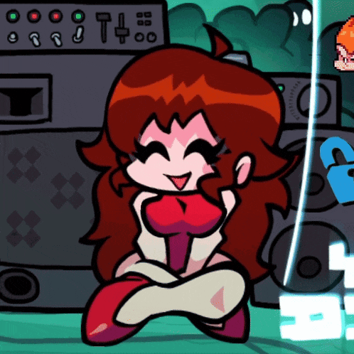 a cartoon of a girl sitting in front of a speaker with the letter t on it