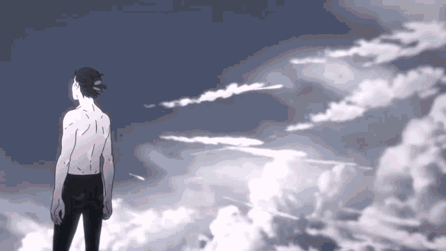 a man without a shirt is standing in the clouds