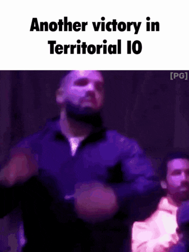 a man in a purple jacket is dancing with the words another victory in territorial 10 written above him