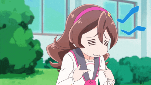 a cartoon girl is making a funny face and pointing at her chest