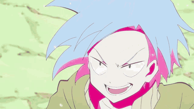 a cartoon character with blue hair and a pink shirt is laying on the ground