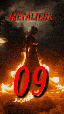 a poster of a woman standing in front of a fire with the number 09