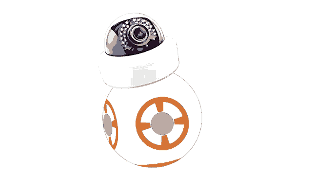 a white and orange ball with a camera on top