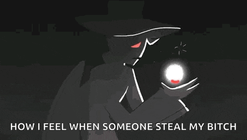 a cartoon character with a red fireball in his eye and the words `` how i feel when someone steals my bitch ''