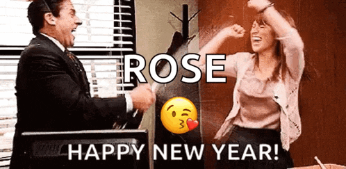 a man and a woman are dancing in a room with the words `` rose happy new year '' written on the bottom .