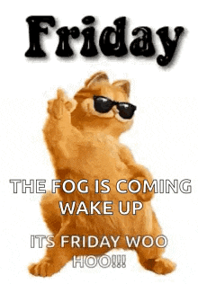 garfield is wearing sunglasses and giving the middle finger on friday the fog is coming wake up it 's friday woo hoo !!!