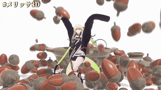 a cartoon character is surrounded by a bunch of acorns and the word 3d is above her