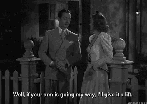 a man and a woman are standing next to each other and the man says well if your arm is going my way