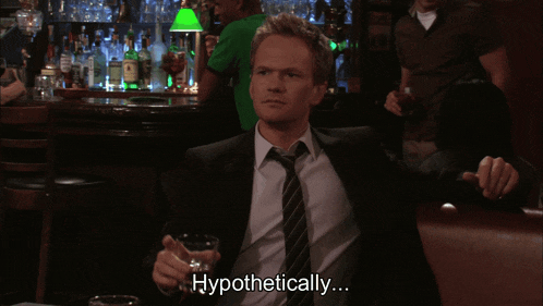 a man in a suit and tie is holding a glass of water and says hypothetically