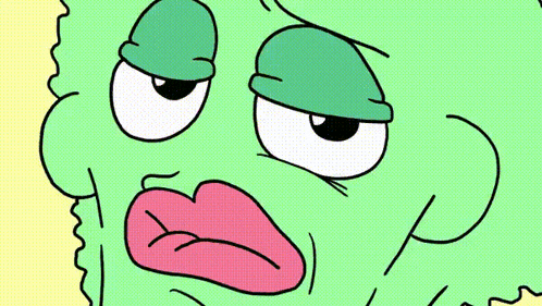 a green cartoon character with a pink lip and a green hat