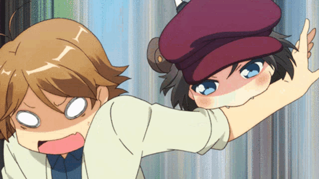 a boy and a girl are standing next to each other and the girl is wearing a hat