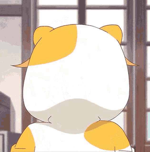 a cartoon cat with yellow and white spots on its back is standing in front of a window