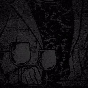 a black and white drawing of a woman in a lace skirt holding two wine glasses