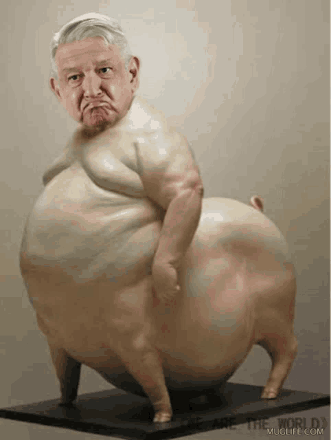 a statue of a man that looks like a pig with the words " we are the world " on the bottom right
