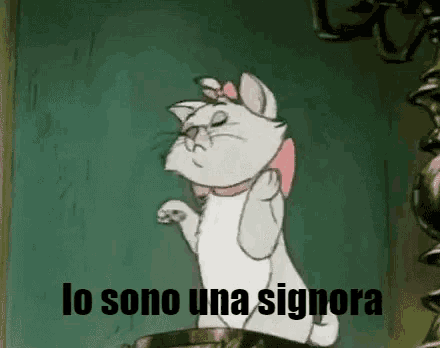 marie from the aristocats is wearing glasses and a bow tie and says lo sono una signora .