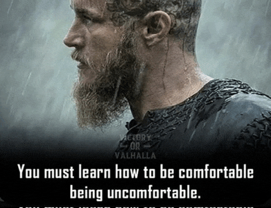 a man with a beard is standing in the rain with a quote about being uncomfortable