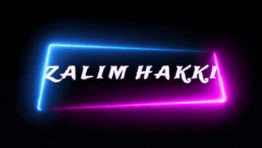 a neon sign that says zalim hakki is lit up