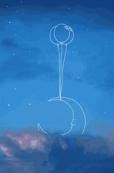 a drawing of a crescent moon and balloons in a blue sky