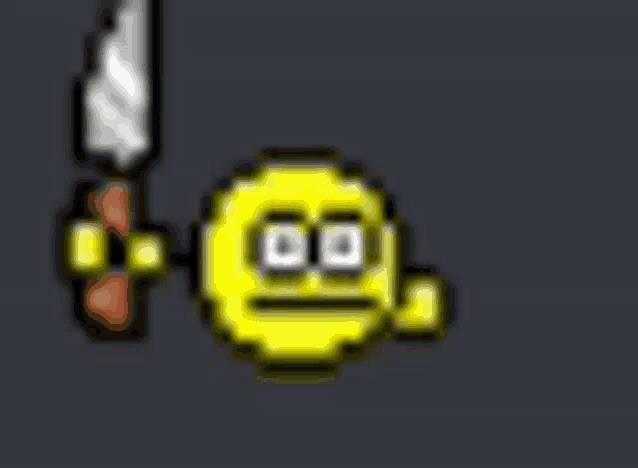 a pixel art smiley face is holding a knife in his hand .