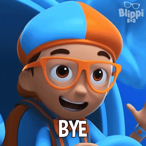a cartoon character from blippi says bye with a thumbs up