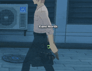 a video game character named kami north is walking down a sidewalk