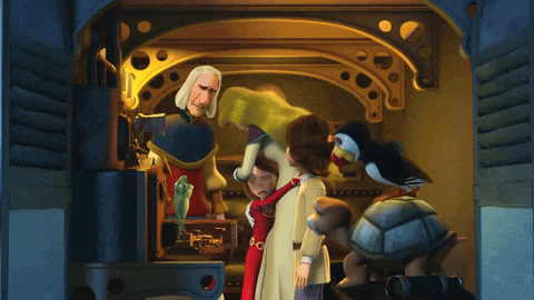a cartoon scene with a penguin on a turtle and a man with gray hair