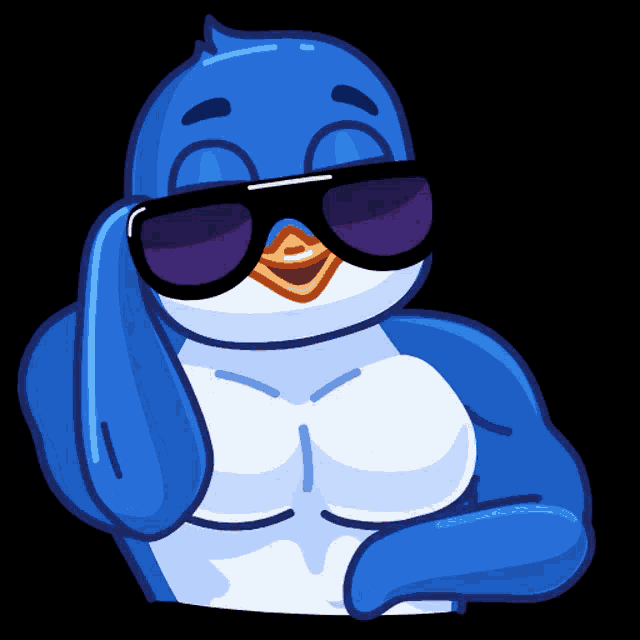 a blue penguin wearing sunglasses and a shirtless torso