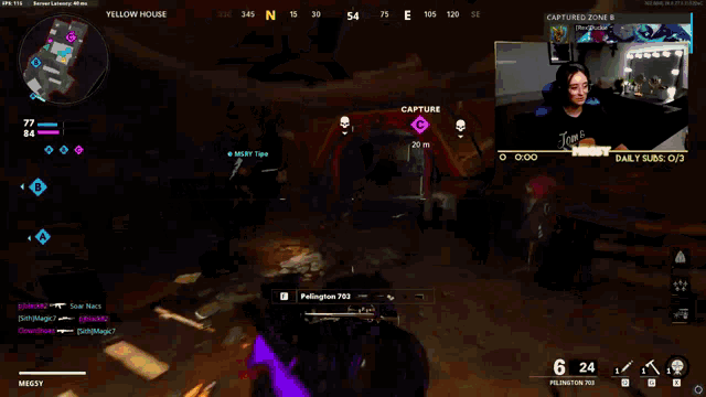 a video game screen shows a purple circle with the words yellow house at the top