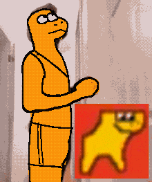 a pixel art drawing of a cartoon character standing next to a picture of a dog
