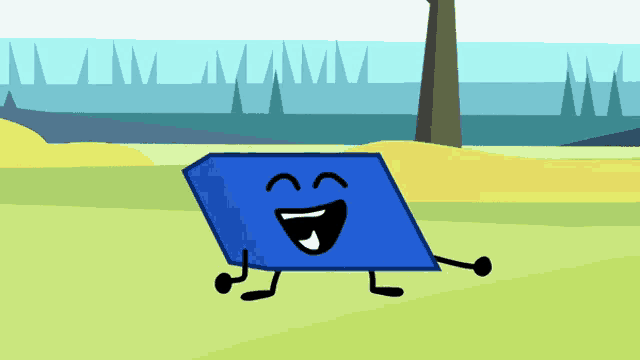 a blue block with arms and legs is smiling in a cartoon