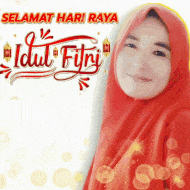 a woman wearing a red hijab is standing in front of a sign that says selamat hari raya