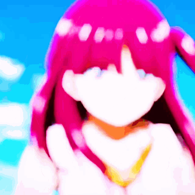a blurry picture of a pink haired anime girl with a blue sky in the background