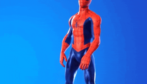 a spider-man is standing in front of a blue background .