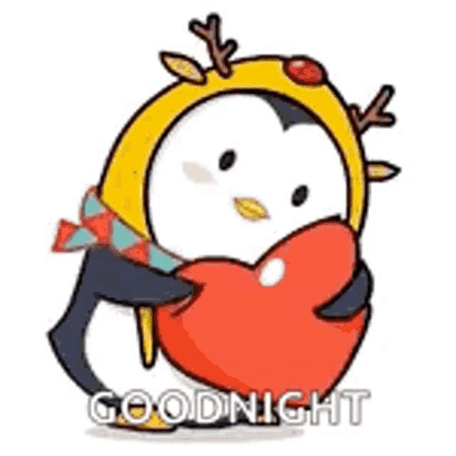 a penguin wearing a reindeer costume is holding a heart and saying goodnight .