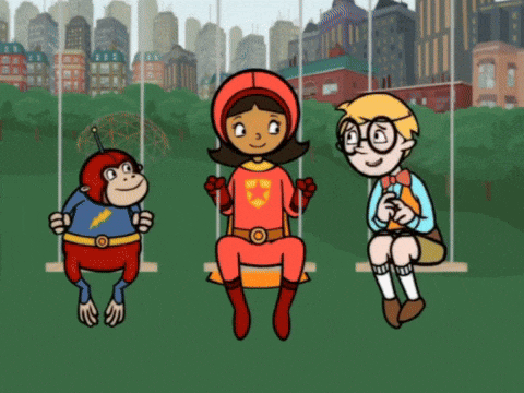 a girl in a red superhero costume sits on a swing next to a monkey and a boy