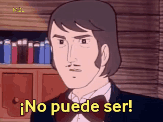 a cartoon man says no puede ser in front of bookshelves