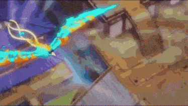 a drawing of a person flying through the air with a blue flame coming out of their mouth