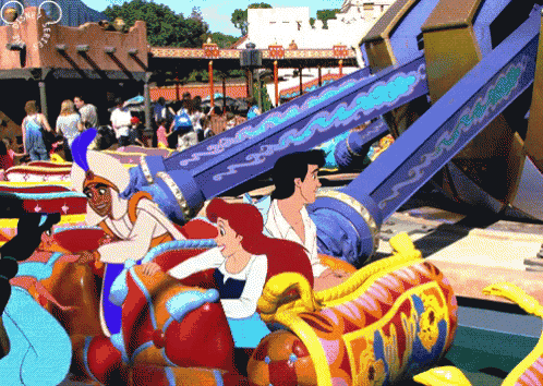 a group of cartoon characters are riding a roller coaster with a sign that says ' disney ' on it