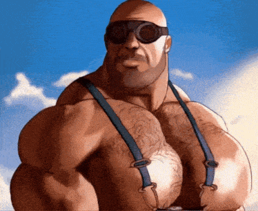 a cartoon drawing of a man wearing suspenders and sunglasses