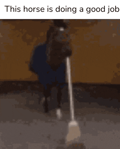 a horse is doing a good job with a broom in its mouth