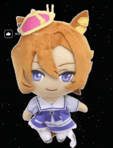 a stuffed animal with a crown on its head and the word pika on the bottom