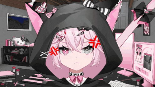 a girl with pink hair and a black hoodie has a red x on her forehead