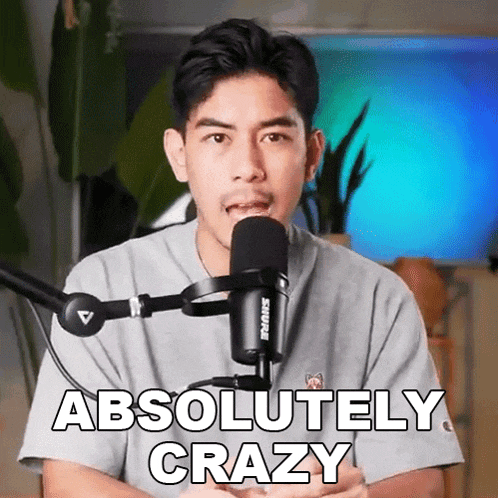 a man is standing in front of a microphone and says absolutely crazy .