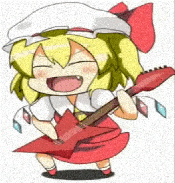 a cartoon girl in a red dress is holding a guitar .