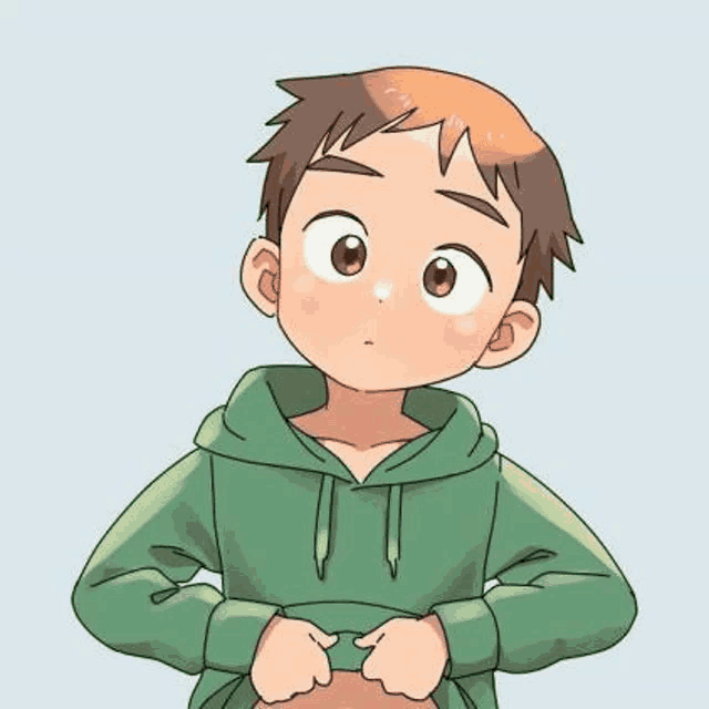 a young boy with a bald head is wearing a green hoodie and looking up .