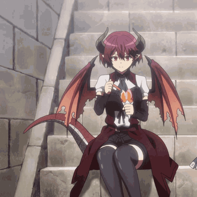 a girl with horns and wings is sitting on a set of stairs eating an ice cream cone