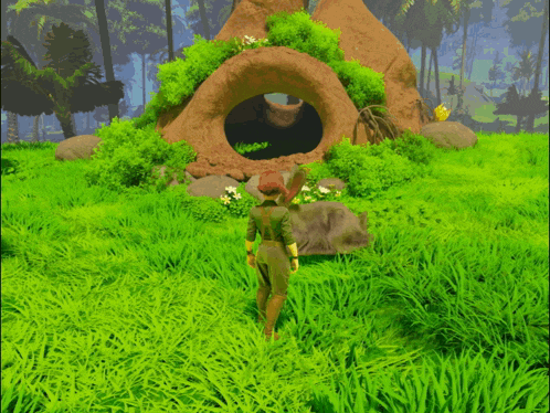 a person standing in a grassy field with a rabbit
